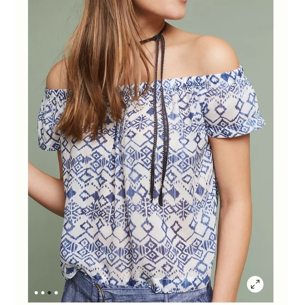 Cloth & Stone Charleston Off the Sholder Top Blue White Boho Size S Lightweight
